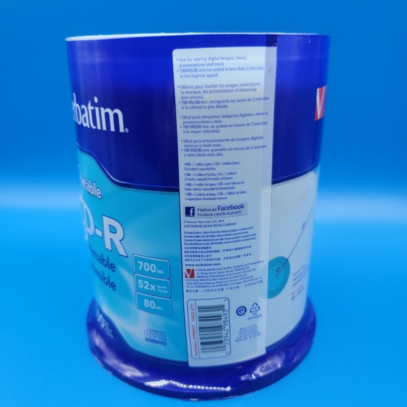 Verbatim CD-R 700MB 52X Speed White Inkjet Printable Spindle - Pack of 100 New - Picture 2 of 6